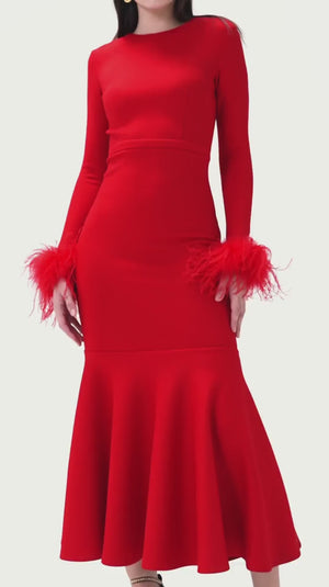 Fiery Red Feather Embellished Gown